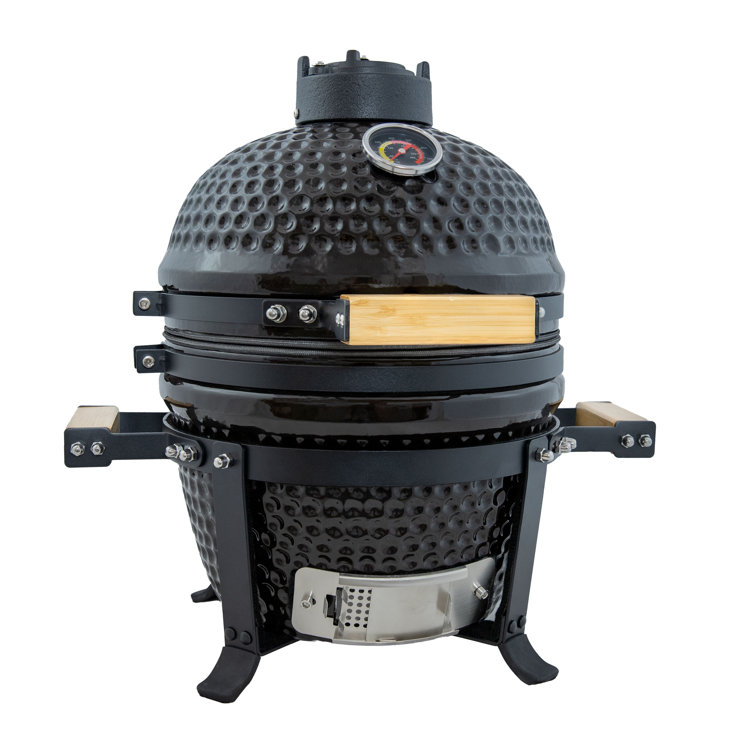 Compact Black Ceramic Kamado Grill with Smoker and Stand