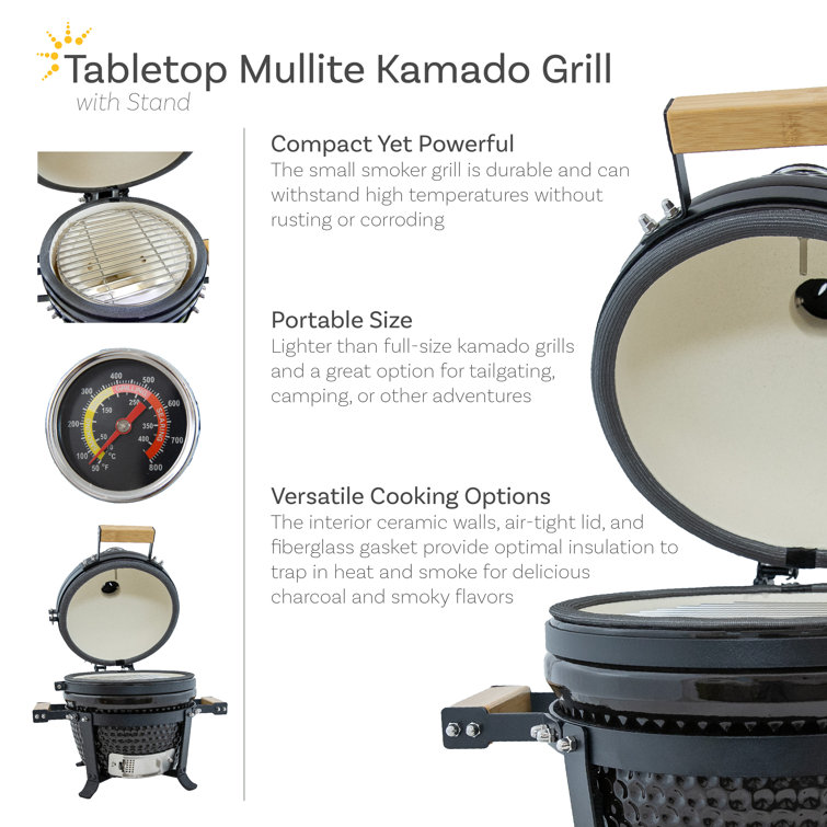 Compact Black Ceramic Kamado Grill with Smoker and Stand