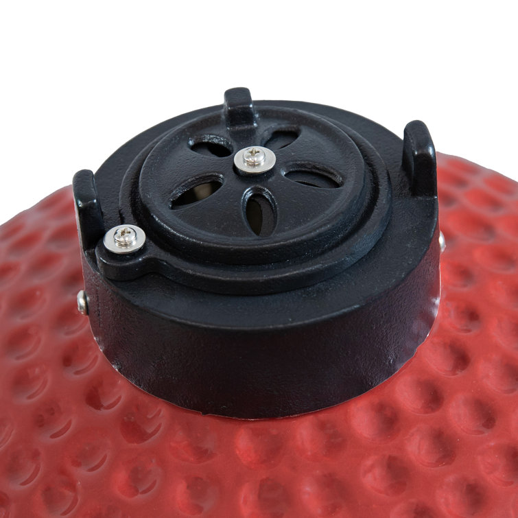 Red Ceramic Kamado Grill with Smoker and Bamboo Side Tables