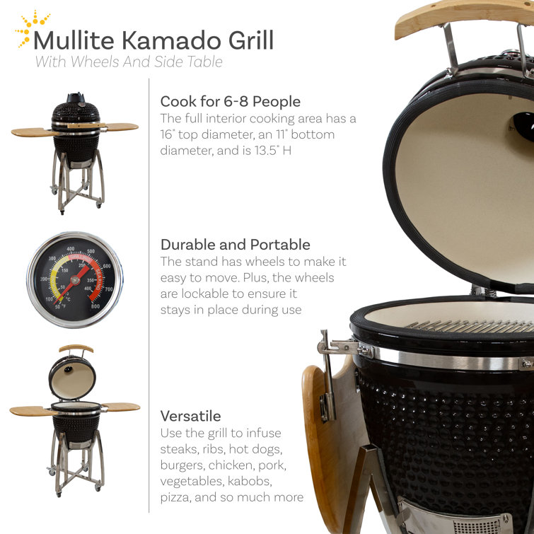Black Ceramic Kamado Grill with Smoker and Bamboo Side Tables