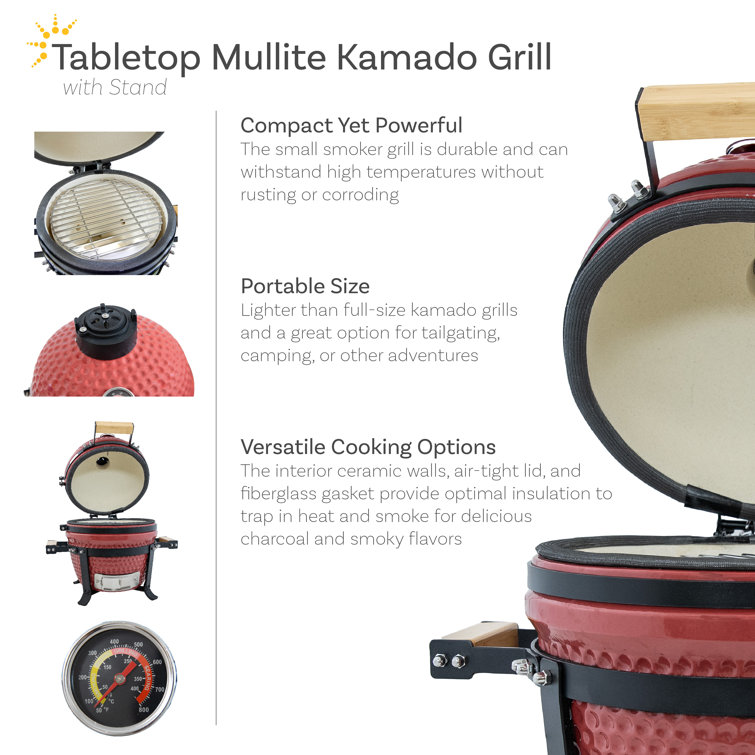 Red Ceramic Tabletop Kamado Charcoal Grill with Smoker