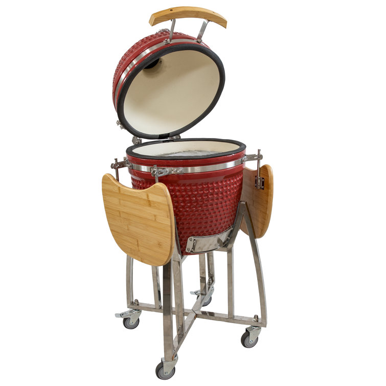 Red Ceramic Kamado Grill with Smoker and Bamboo Side Tables