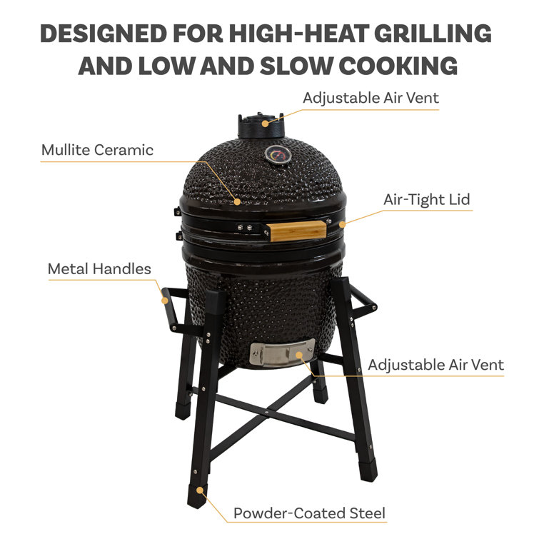 Black Ceramic Kamado Egg Grill with Smoker and Stand