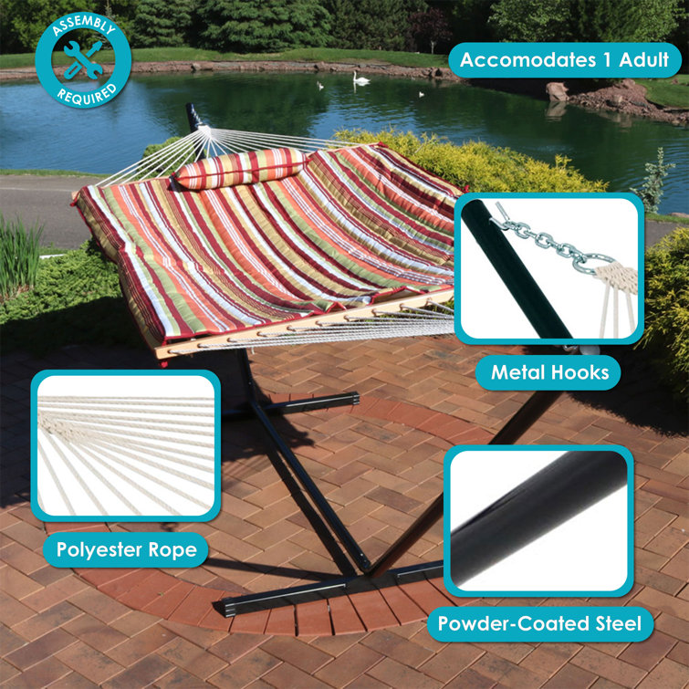 Tropical Orange Cotton Rope Hammock with Steel Stand and Quilted Pad