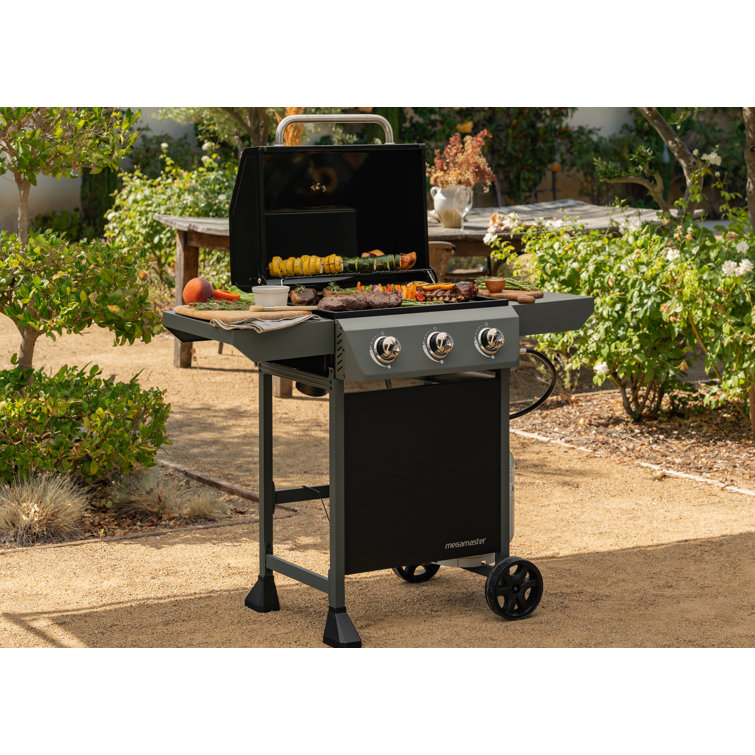 Megamaster Black 3-Burner Propane Gas Grill with Side Tables