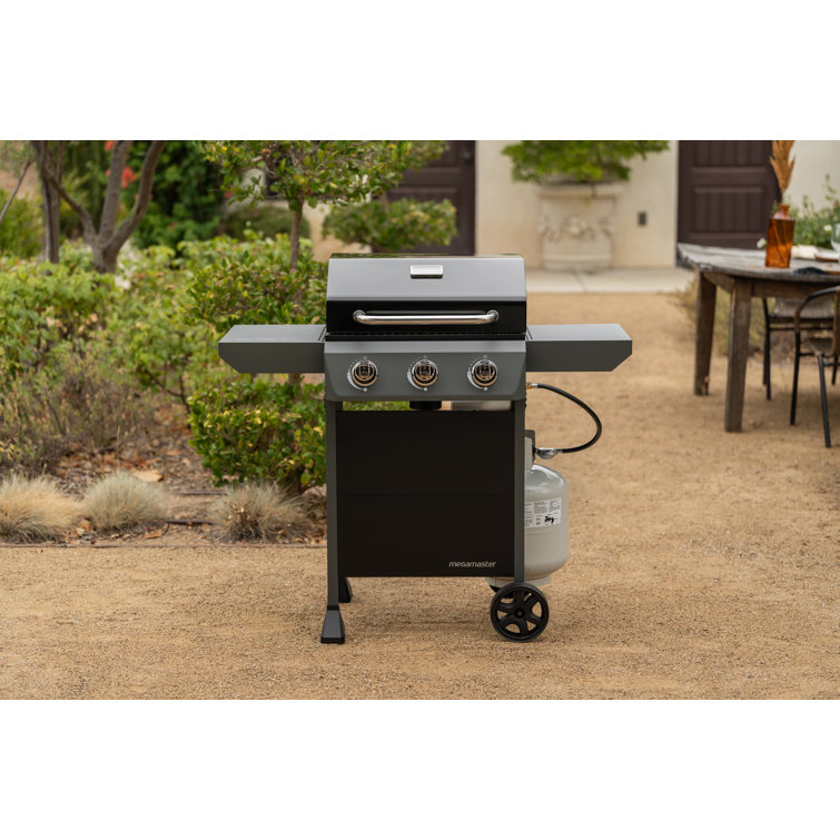 Megamaster Black 3-Burner Propane Gas Grill with Side Tables