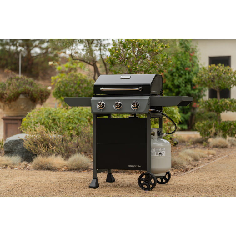 Megamaster Black 3-Burner Propane Gas Grill with Side Tables