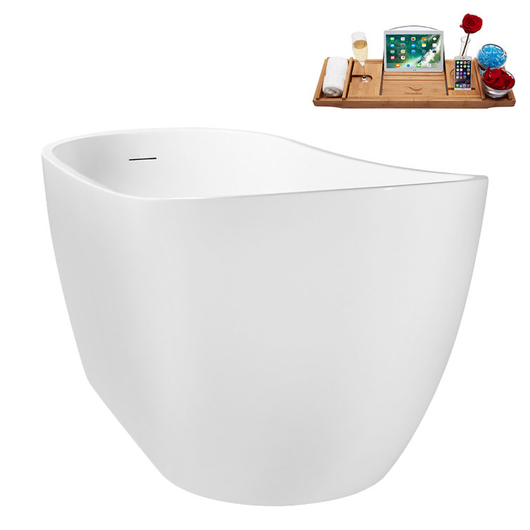 67" Glossy White Acrylic Freestanding Soaking Tub with Polished Brass Drain and Bamboo Tray