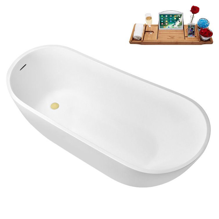 67" Glossy White Acrylic Freestanding Soaking Tub with Polished Brass Drain and Bamboo Tray