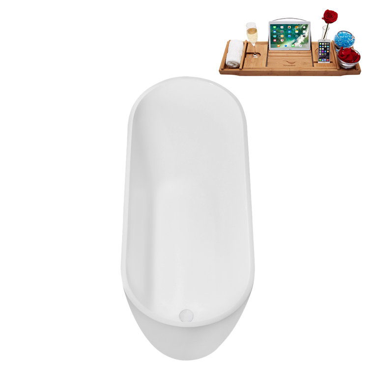 67" Glossy White Acrylic Freestanding Soaking Tub with Tray