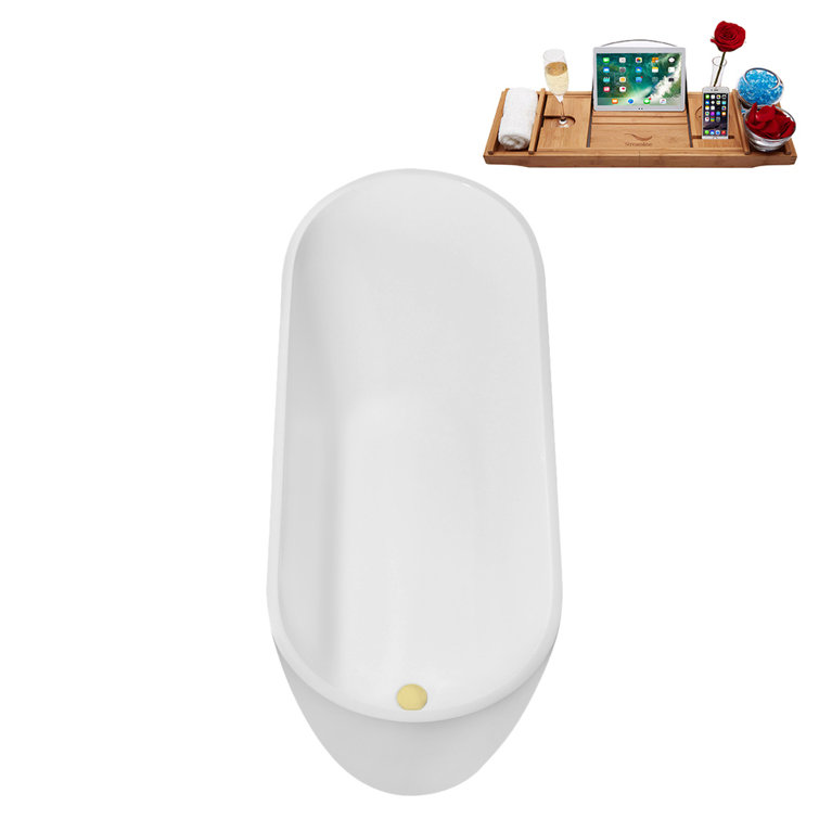 67" Glossy White Acrylic Freestanding Soaking Tub with Polished Brass Drain and Bamboo Tray