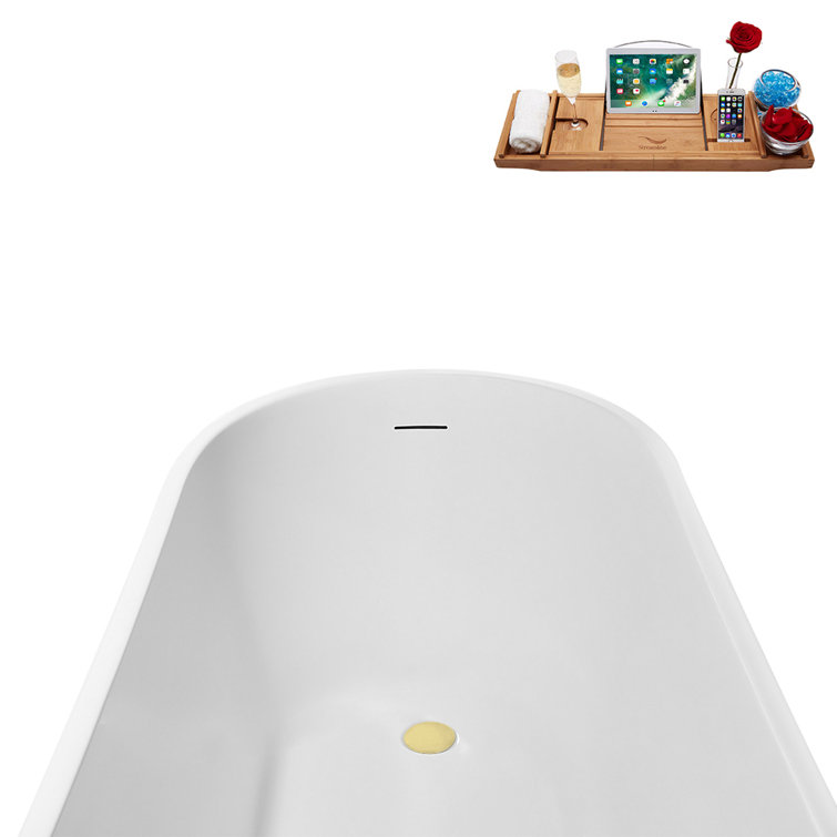 67" Glossy White Acrylic Freestanding Soaking Tub with Polished Brass Drain and Bamboo Tray