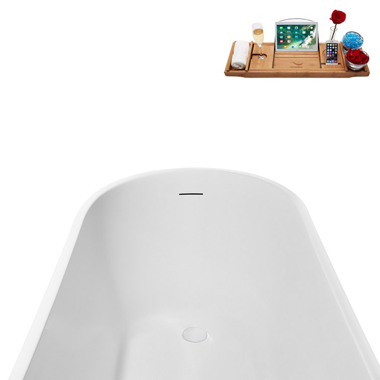 67" Glossy White Acrylic Freestanding Soaking Tub with Tray