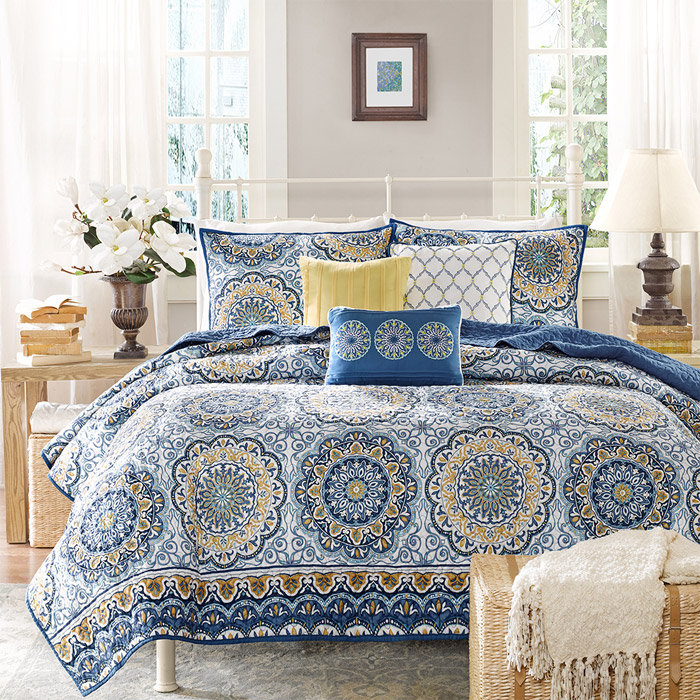 Blue and Yellow Bohemian Reversible Queen Quilt Set