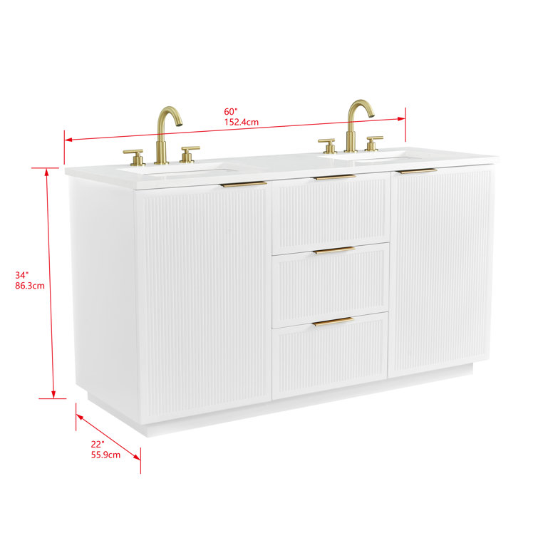 White Double Vanity with Calacatta Quartz Countertop and Gold Hardware