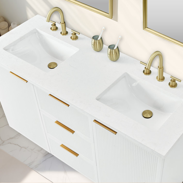 White Double Vanity with Calacatta Quartz Countertop and Gold Hardware