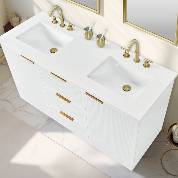 White Double Vanity with Calacatta Quartz Countertop and Gold Hardware