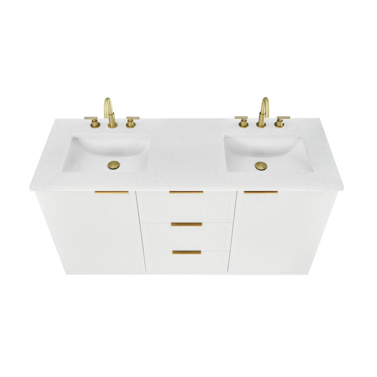 White Double Vanity with Calacatta Quartz Countertop and Gold Hardware