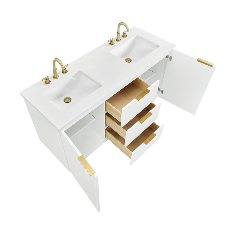 White Double Vanity with Calacatta Quartz Countertop and Gold Hardware