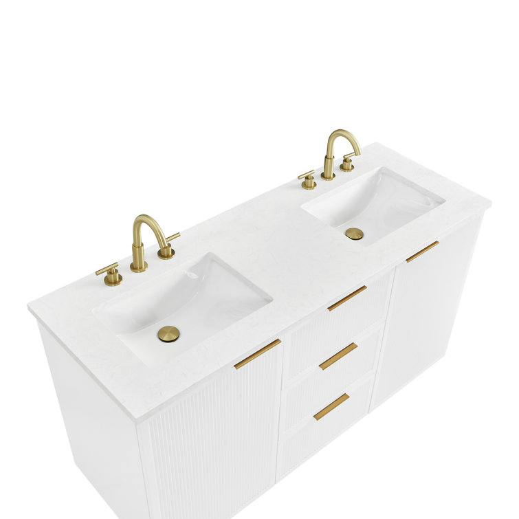 White Double Vanity with Calacatta Quartz Countertop and Gold Hardware