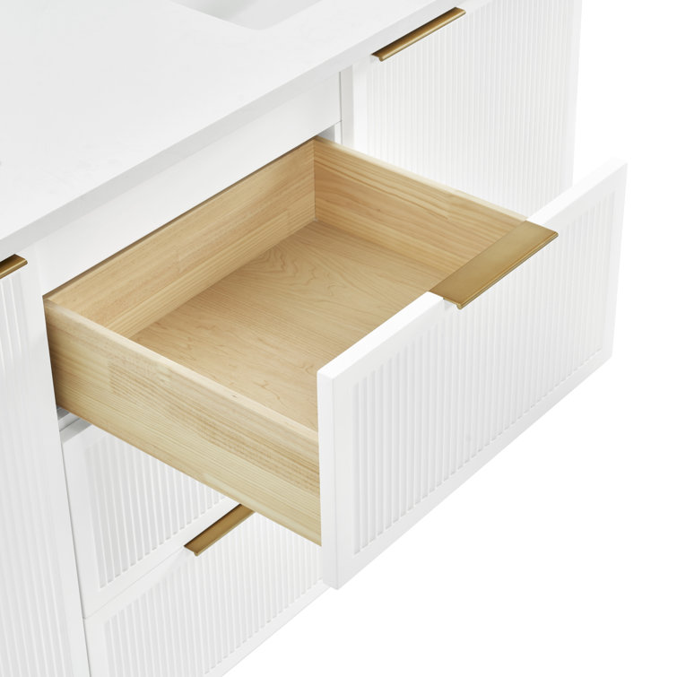 White Double Vanity with Calacatta Quartz Countertop and Gold Hardware
