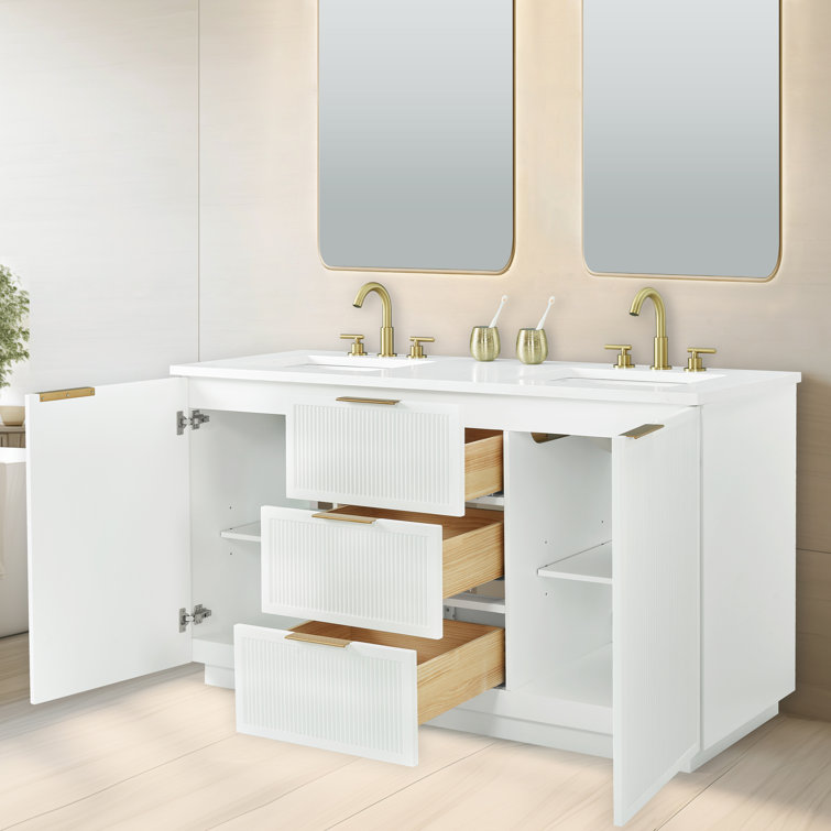 White Double Vanity with Calacatta Quartz Countertop and Gold Hardware