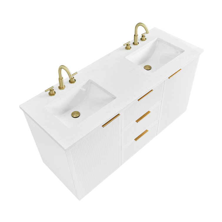 White Double Vanity with Calacatta Quartz Countertop and Gold Hardware