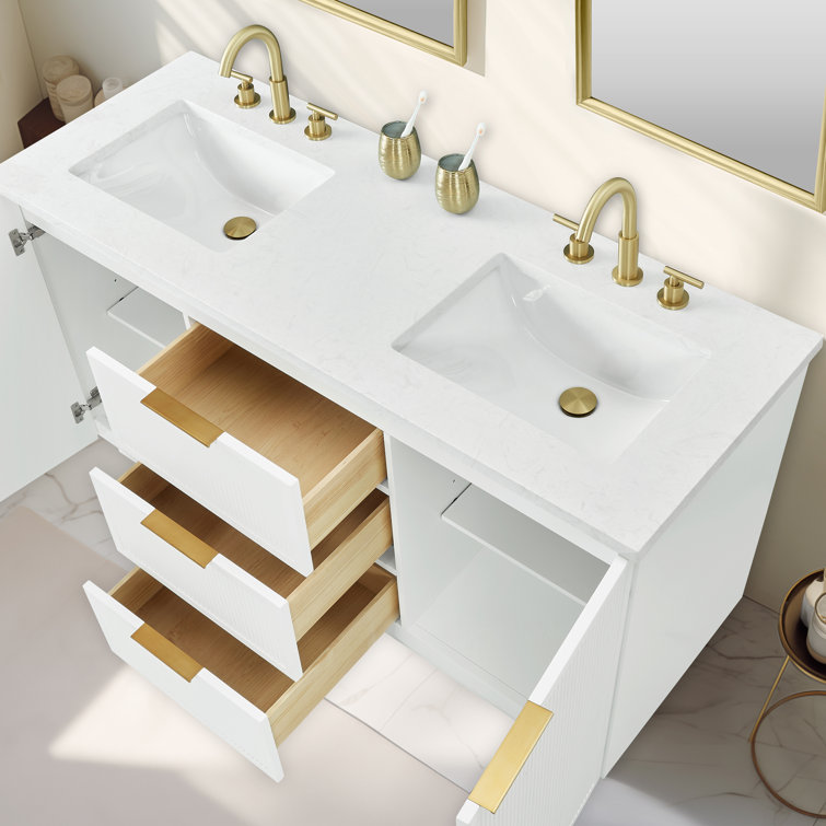White Double Vanity with Calacatta Quartz Countertop and Gold Hardware