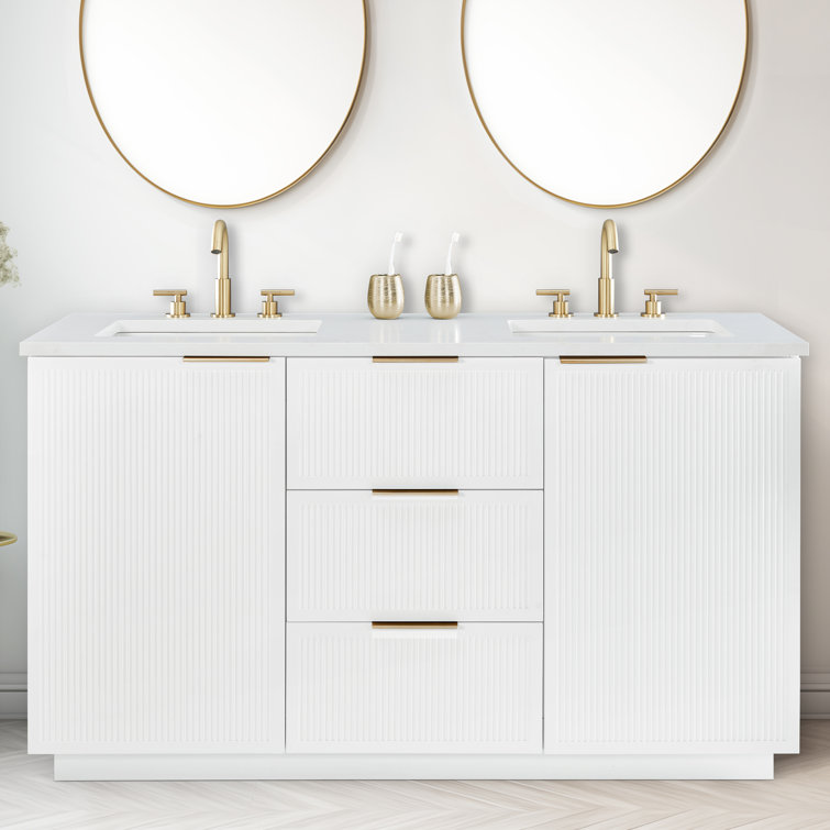 White Double Vanity with Calacatta Quartz Countertop and Gold Hardware