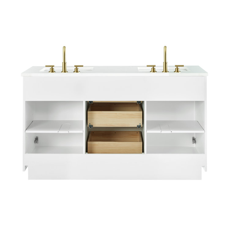 White Double Vanity with Calacatta Quartz Countertop and Gold Hardware
