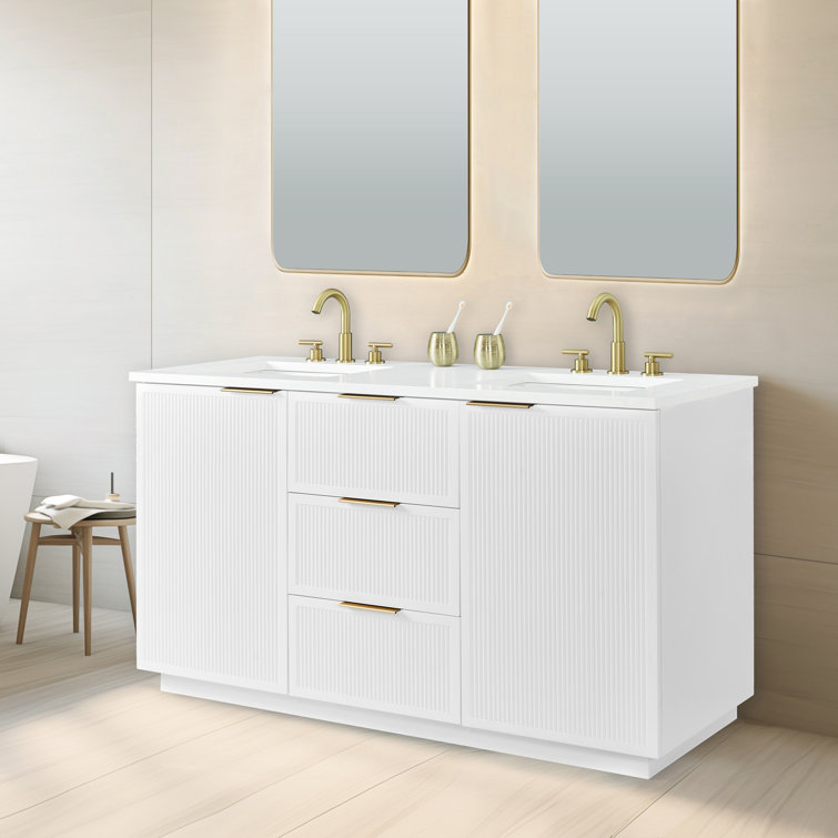 White Double Vanity with Calacatta Quartz Countertop and Gold Hardware