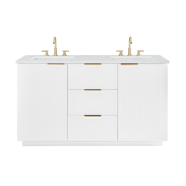 White Double Vanity with Calacatta Quartz Countertop and Gold Hardware