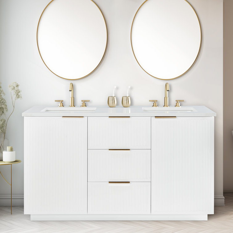 White Double Vanity with Calacatta Quartz Countertop and Gold Hardware