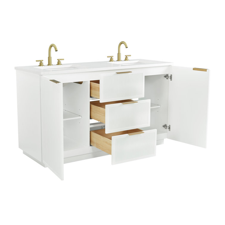White Double Vanity with Calacatta Quartz Countertop and Gold Hardware