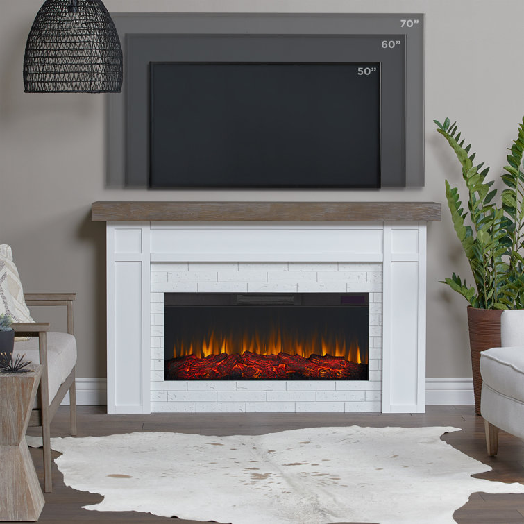 Cravenhall 64" White Faux Brick Electric Fireplace with Rustic Mantel