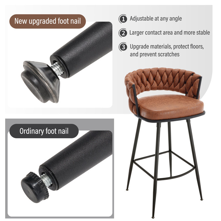 Brown Leather Swivel Bar Stools with Woven Backrest, Set of 2
