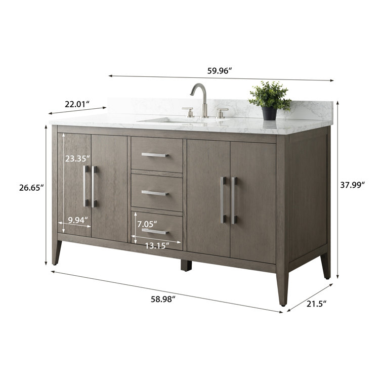 60'' Driftwood Gray MDF Single Sink Freestanding Bathroom Vanity with Engineered Marble Top