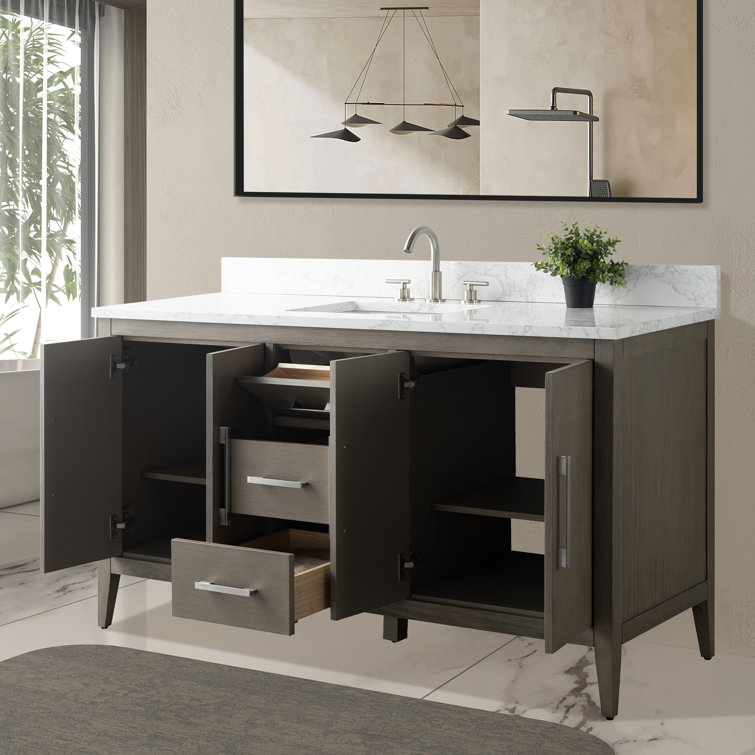 60'' Driftwood Gray MDF Single Sink Freestanding Bathroom Vanity with Engineered Marble Top