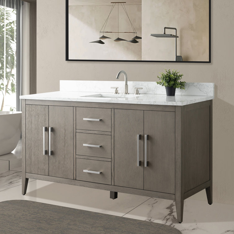 60'' Driftwood Gray MDF Single Sink Freestanding Bathroom Vanity with Engineered Marble Top