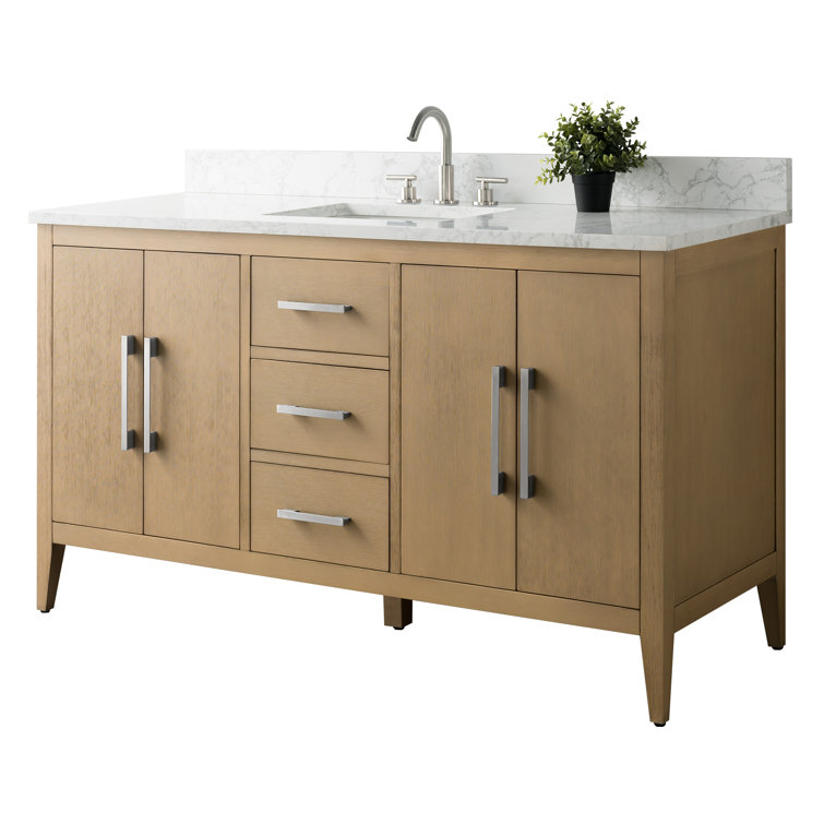Natural Oak 60'' Single Bathroom Vanity with Engineered Marble Top