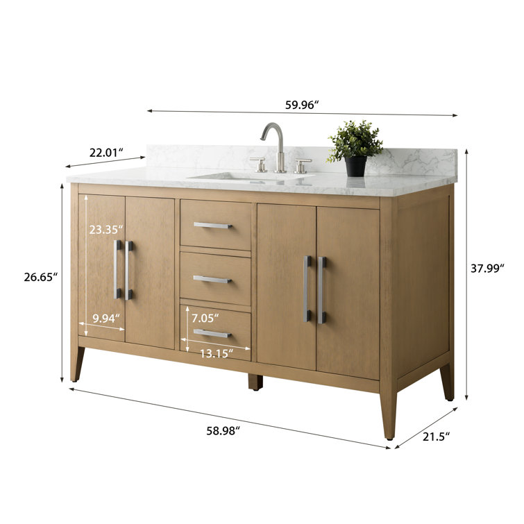 Natural Oak 60'' Single Bathroom Vanity with Engineered Marble Top