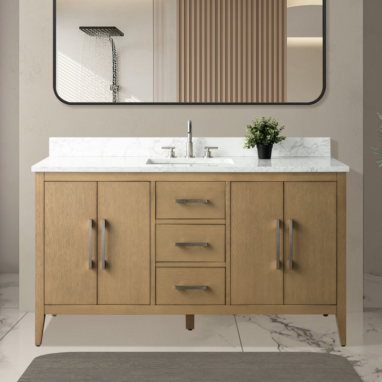 Natural Oak 60'' Single Bathroom Vanity with Engineered Marble Top