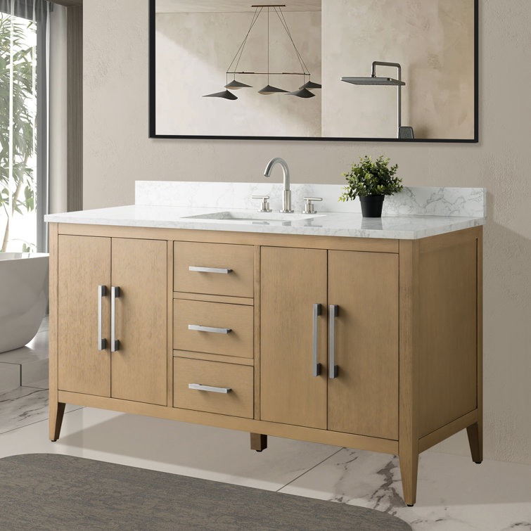 Natural Oak 60'' Single Bathroom Vanity with Engineered Marble Top