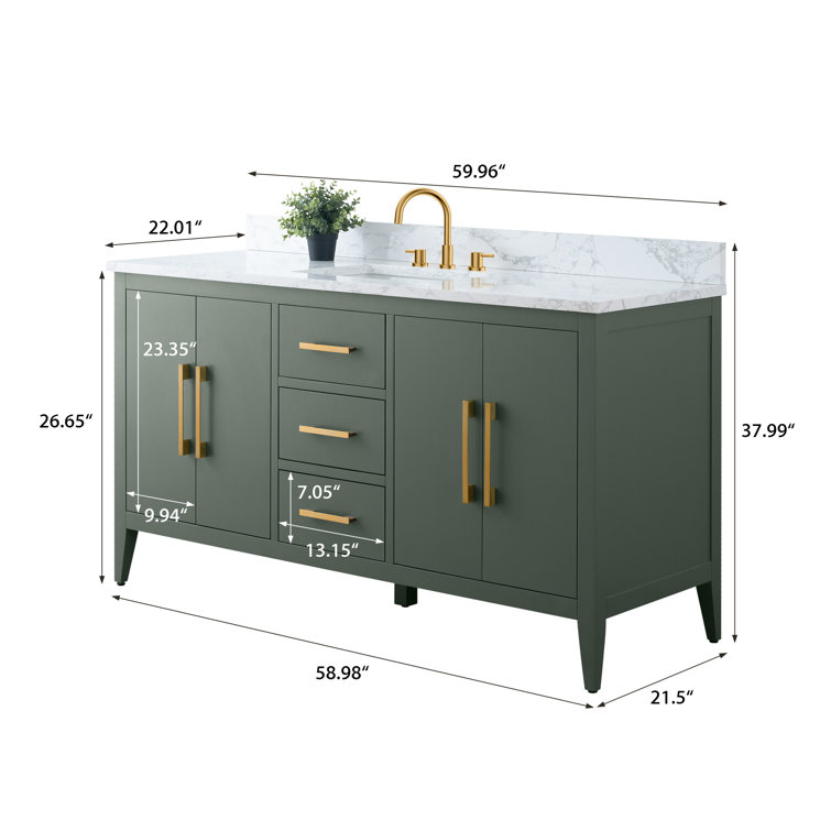Vintage Green 60" Poplar Wood Single Sink Bathroom Vanity with Engineered Marble Countertop