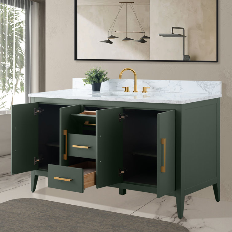 Vintage Green 60" Poplar Wood Single Sink Bathroom Vanity with Engineered Marble Countertop