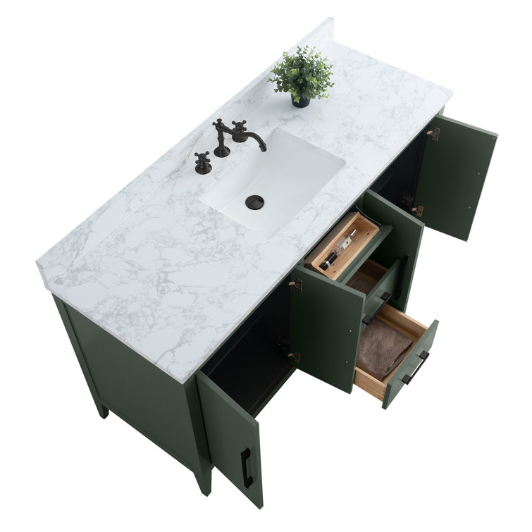 60'' Vintage Green MDF Single Sink Bathroom Vanity with White Marble Top