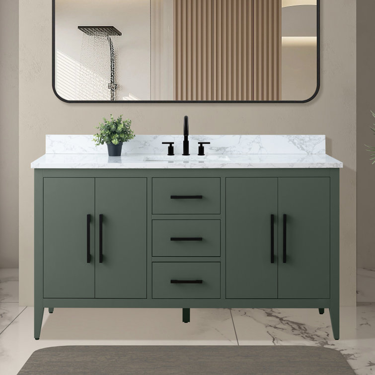 60'' Vintage Green MDF Single Sink Bathroom Vanity with White Marble Top