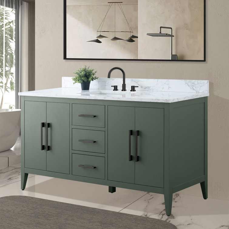 60'' Vintage Green MDF Single Sink Bathroom Vanity with White Marble Top