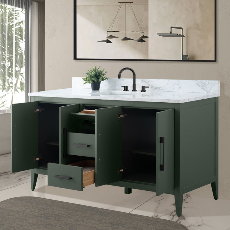 60'' Vintage Green MDF Single Sink Bathroom Vanity with White Marble Top