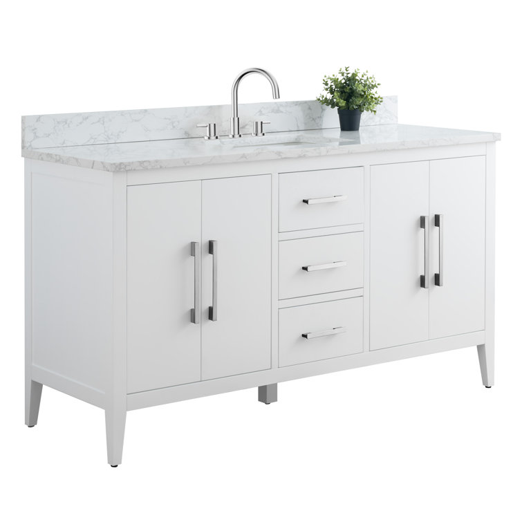 60'' White MDF Freestanding Bathroom Vanity with Engineered Marble Top